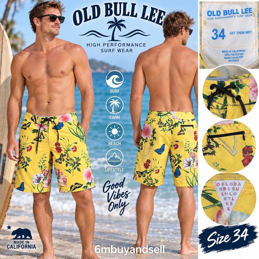 Old Bull Lee Mens 34 Board Shorts Yellow Floral Butterfly Surf Swim Trunks USA